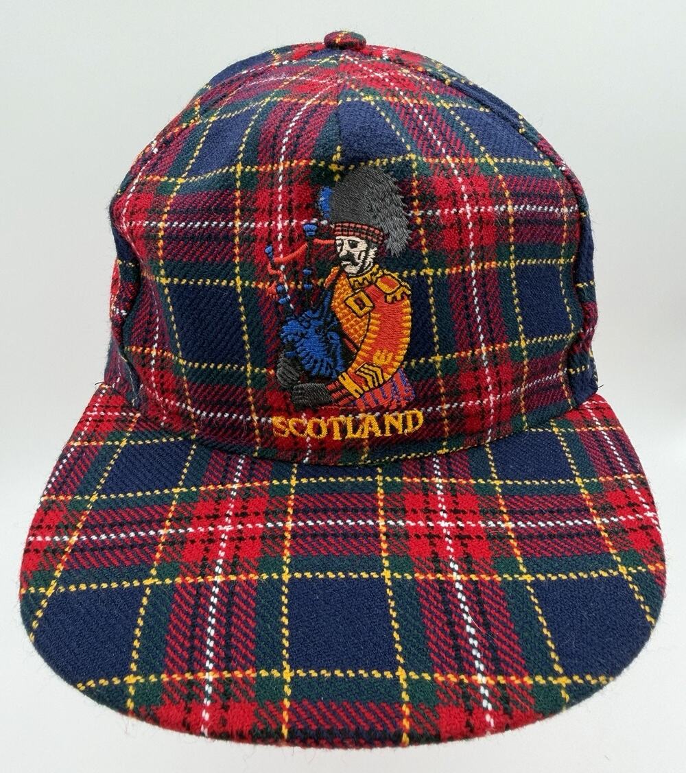 Vtg Scotland Bagpipe Snapback Hat Plaid Adjustable Cap Travel Souvenir